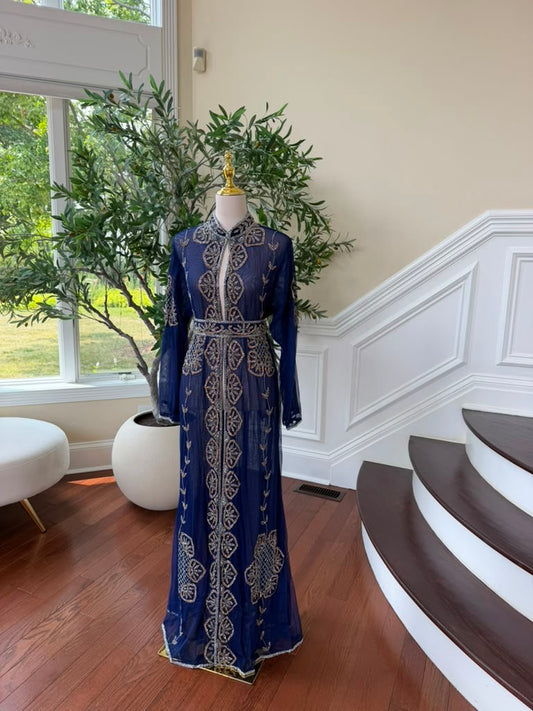 Blue Beaded Embroidery Cardigan Abaya