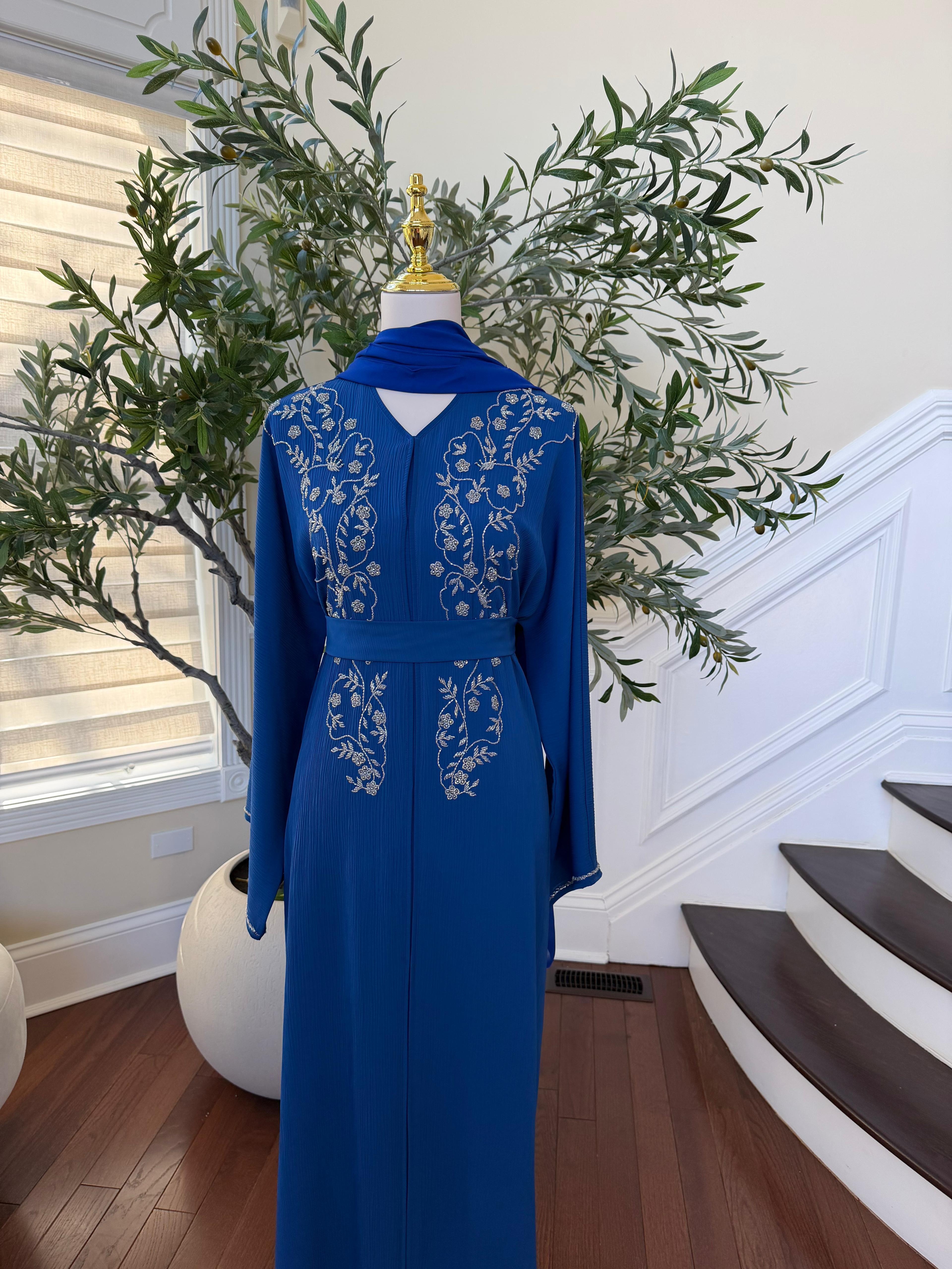 Blue Floral Charm Beaded Abaya