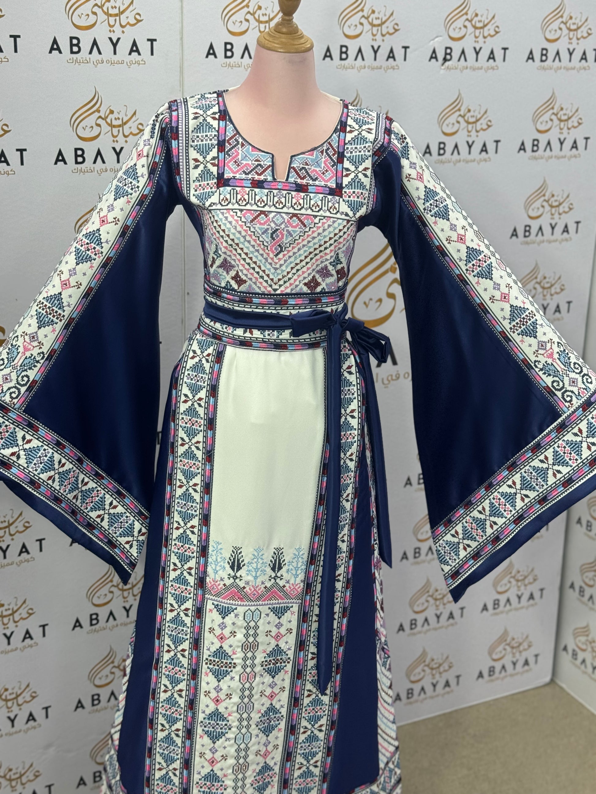 Navy & Ivory Palestinian Thobe – Mixed Fabric with Traditional Tatreez