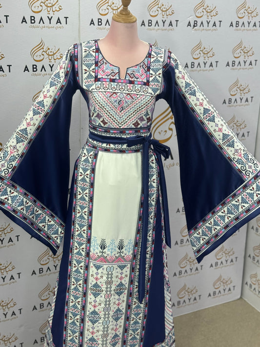 Navy & Ivory Palestinian Thobe – Mixed Fabric with Traditional Tatreez