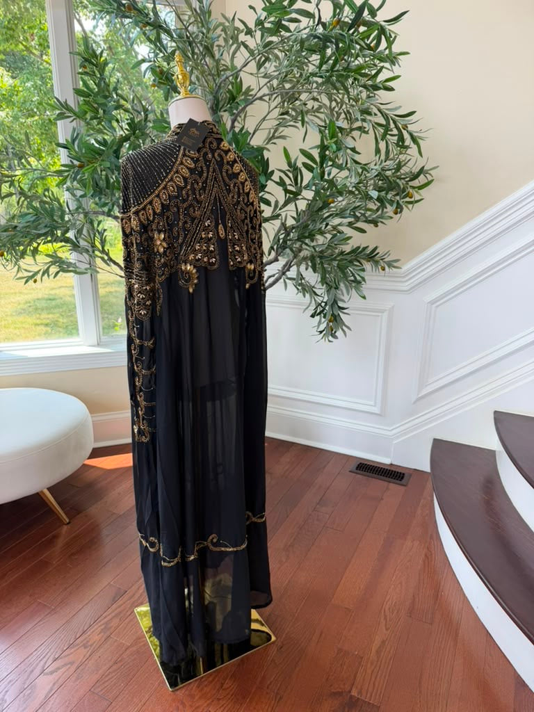 Golden Beaded Black Elegance Cardigan Abaya
