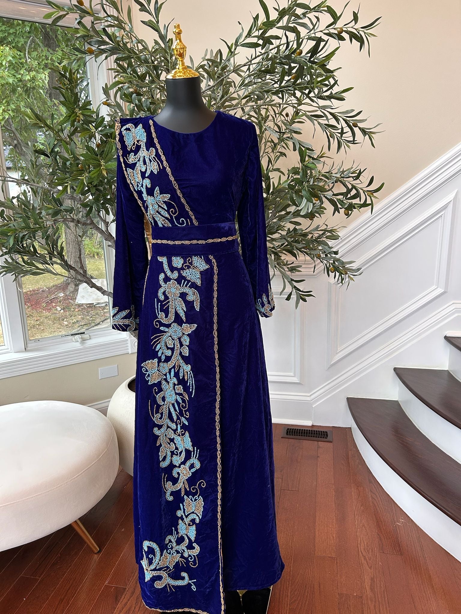 Blue Velvet Stone Charm Kuftan Dress