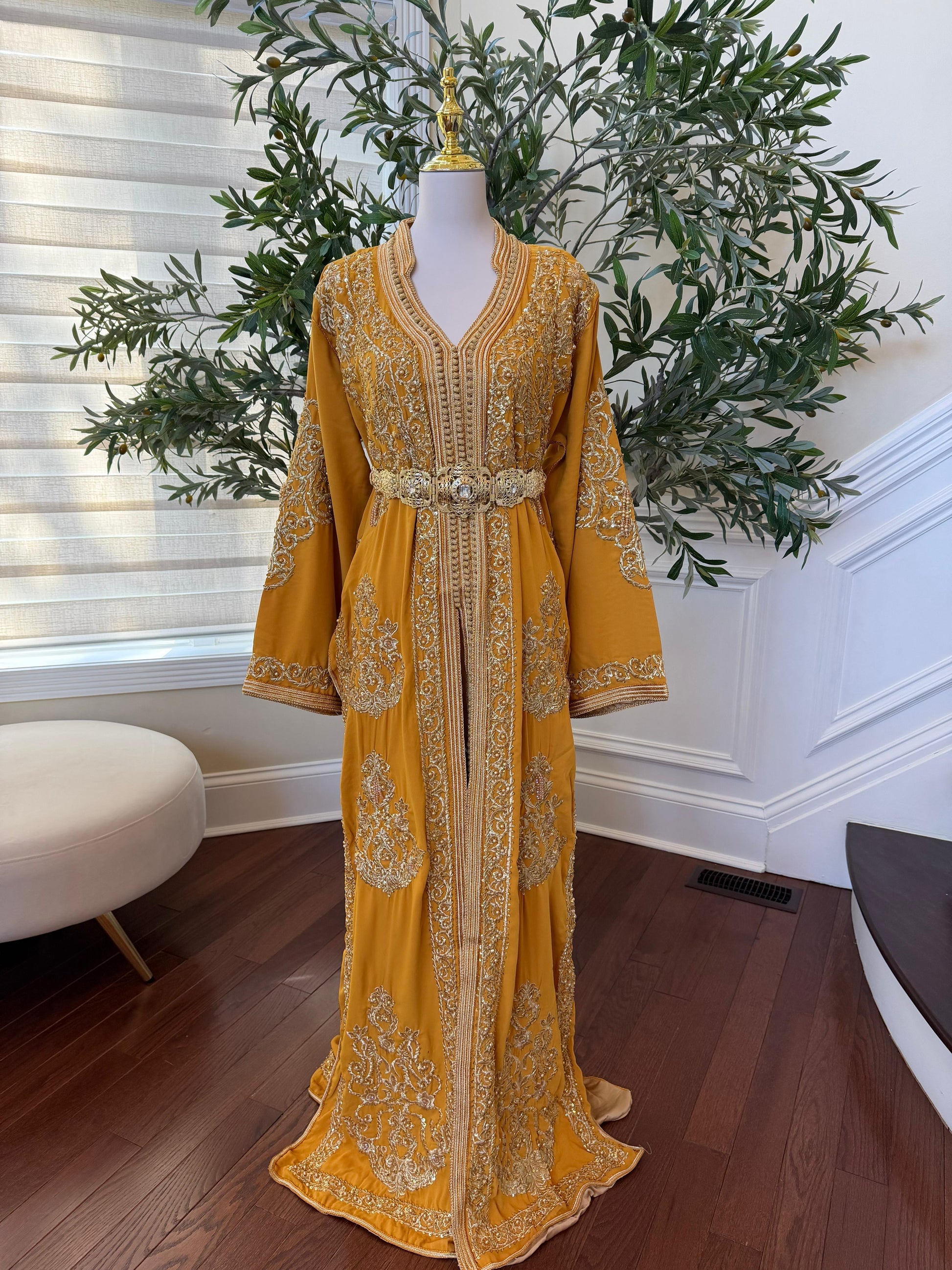 Yellow Embroidery Beaded Kuftan