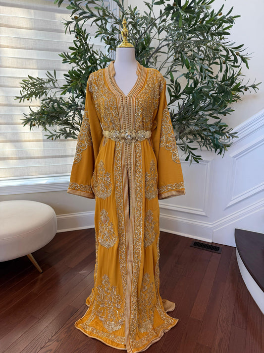 Yellow Embroidery Beaded Kuftan