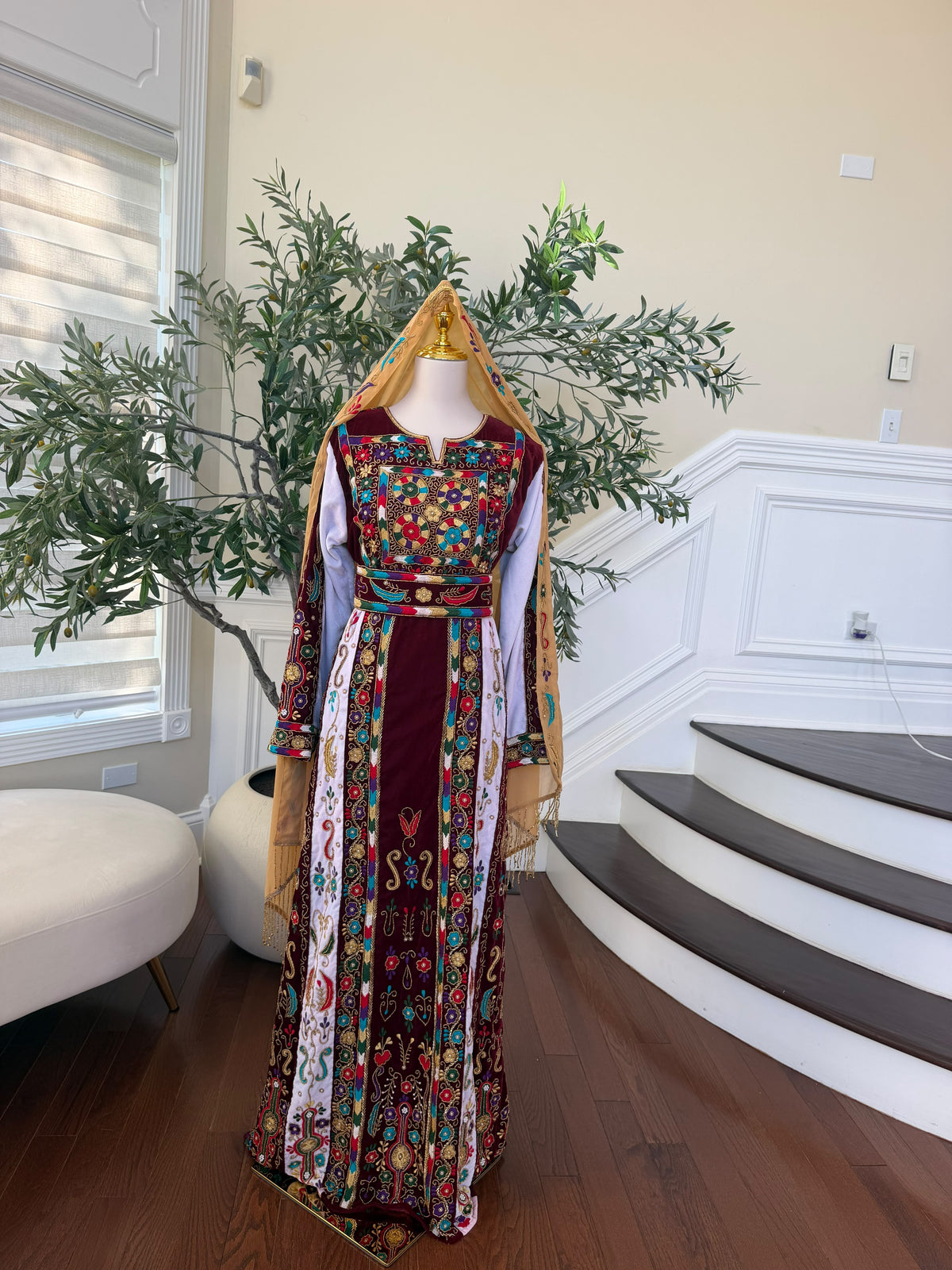 Elegant Burgundy Velvet Thobe with Colorful Embroidery and Matching Skirt included (scarf not included)