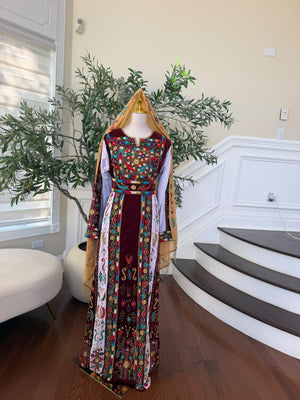 Elegant Burgundy Velvet Thobe with Colorful Embroidery and Matching Skirt included (scarf not included)