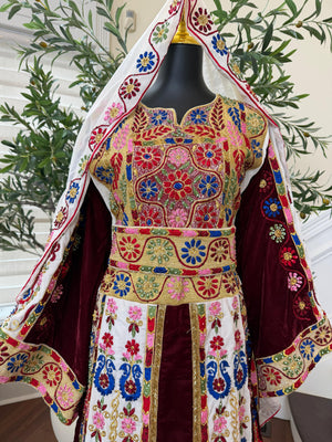 Velvet Maroon and White Traditional Tatreez Sabal Kharaz Detail Thobe