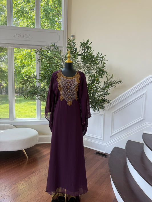 Elegant Blackberry Beaded Kuftan Maxi Dress