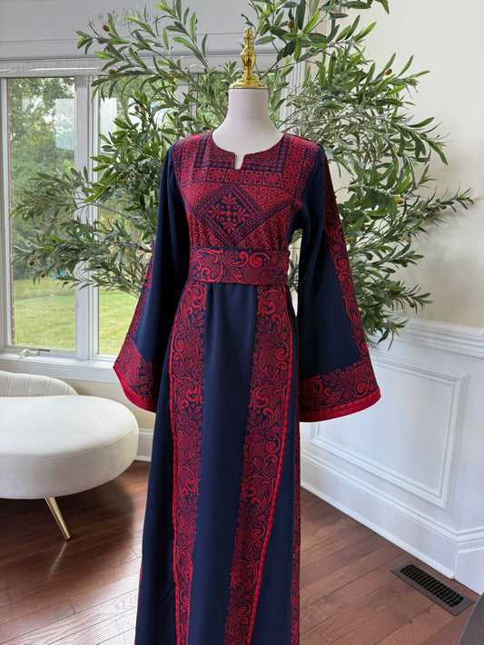 Navy Elegance with Traditional Red Embroidery Thobe