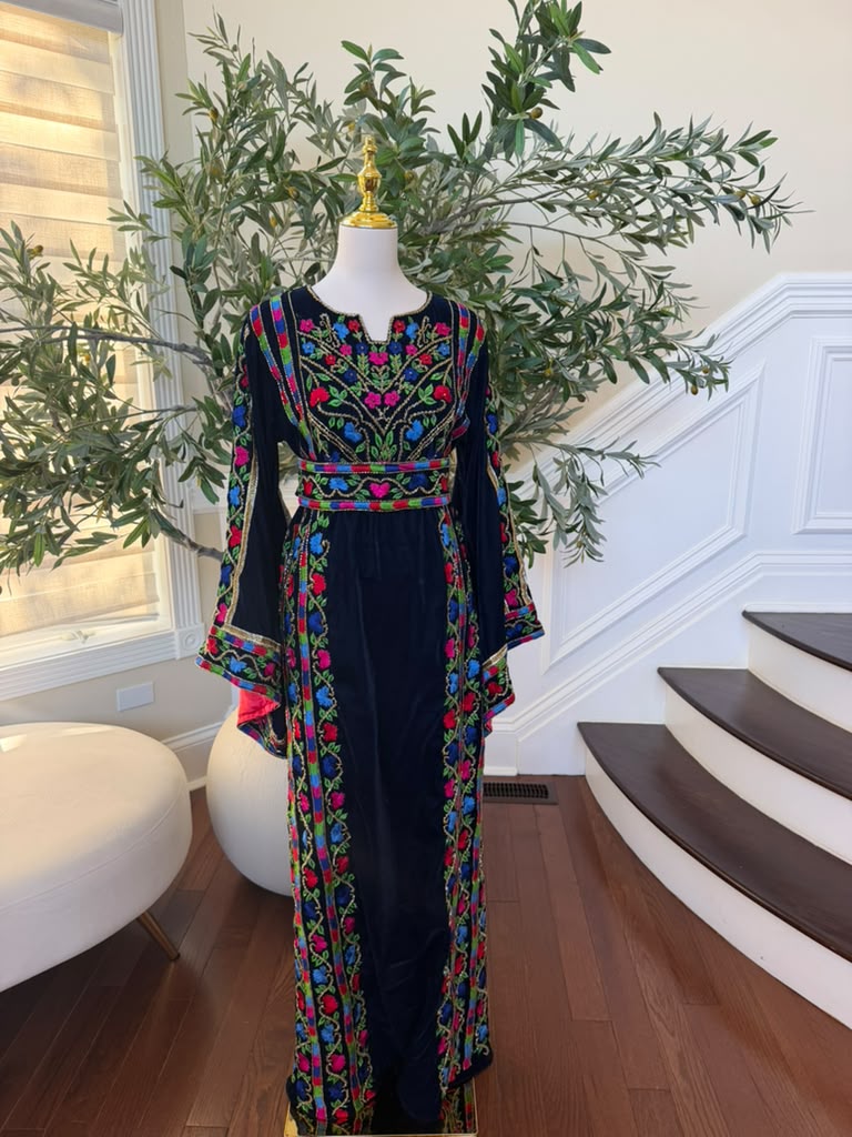 Elegant Navy Blue Velvet Palestinian Thobe with Vibrant Multicolor Floral Embroidery(scarf not included)