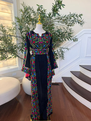 Elegant Navy Blue Velvet Palestinian Thobe with Vibrant Multicolor Floral Embroidery(scarf not included)