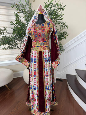 Velvet Maroon and White Traditional Tatreez Sabal Kharaz Detail Thobe