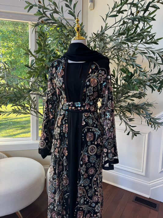Black Diamond Sequin Floral Abaya