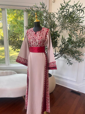 Cream Embroidery Red Detail Tatreez Thobe