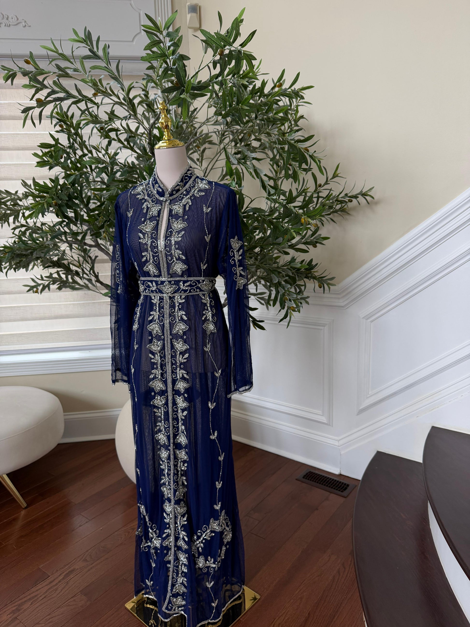 Blue Silver Stone Beaded Abaya