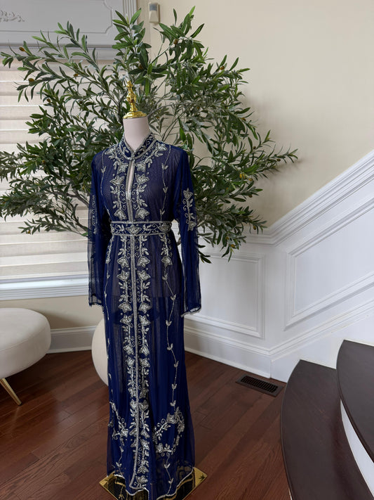 Blue Silver Stone Beaded Abaya