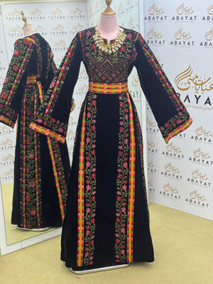 Royal Black Velvet Thobe – Wide Sleeves & Floral