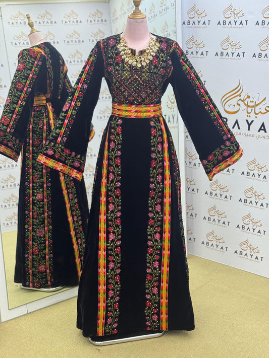 Royal Black Velvet Thobe – Wide Sleeves & Floral