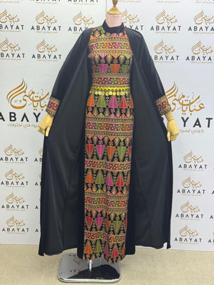 Black Palestinian Thobe with Multicolor Tatreez Embroidery & Coin Belt Detail A1968