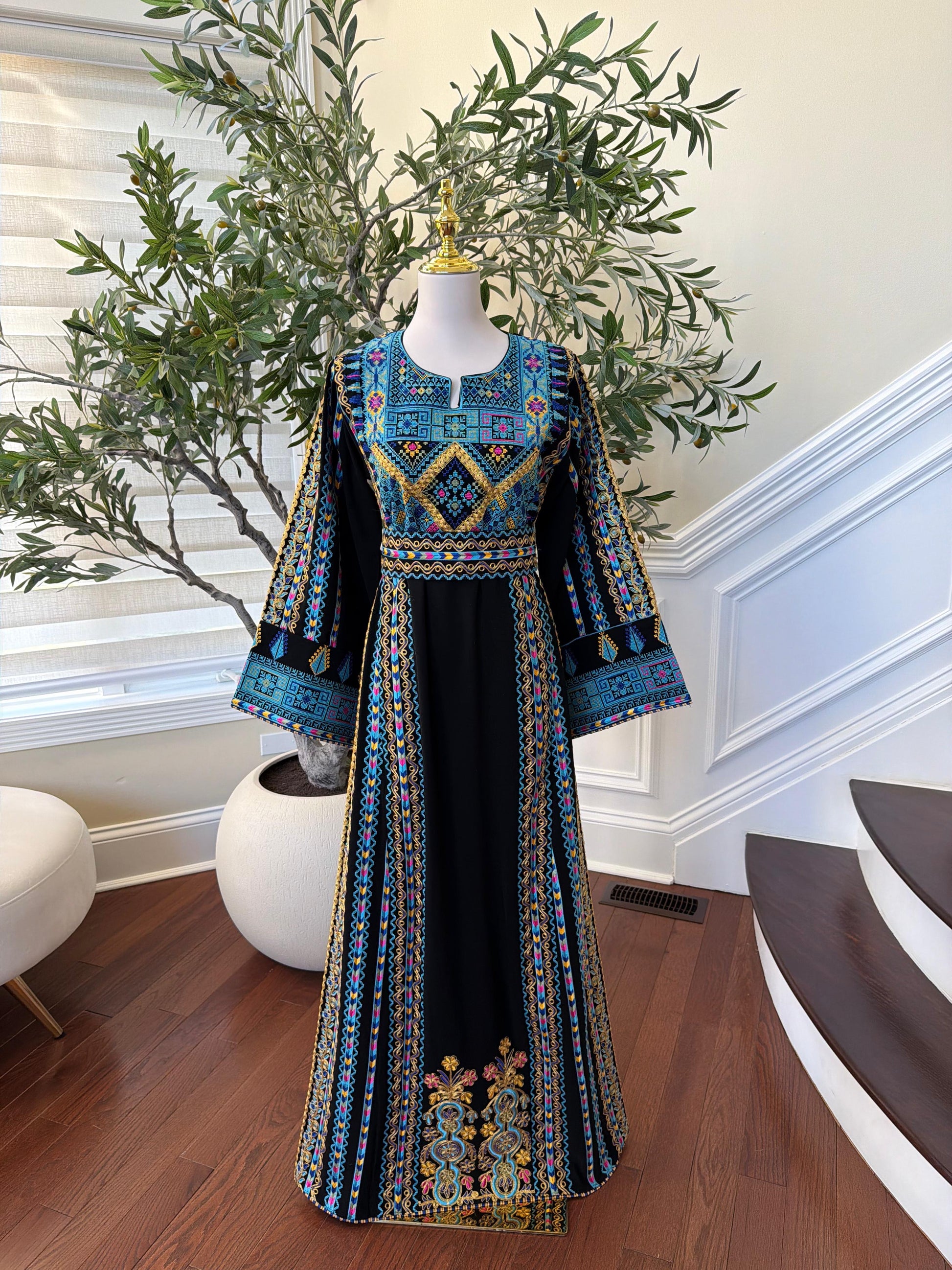Black Embroidery Tatreez Traditional Blue Thobe