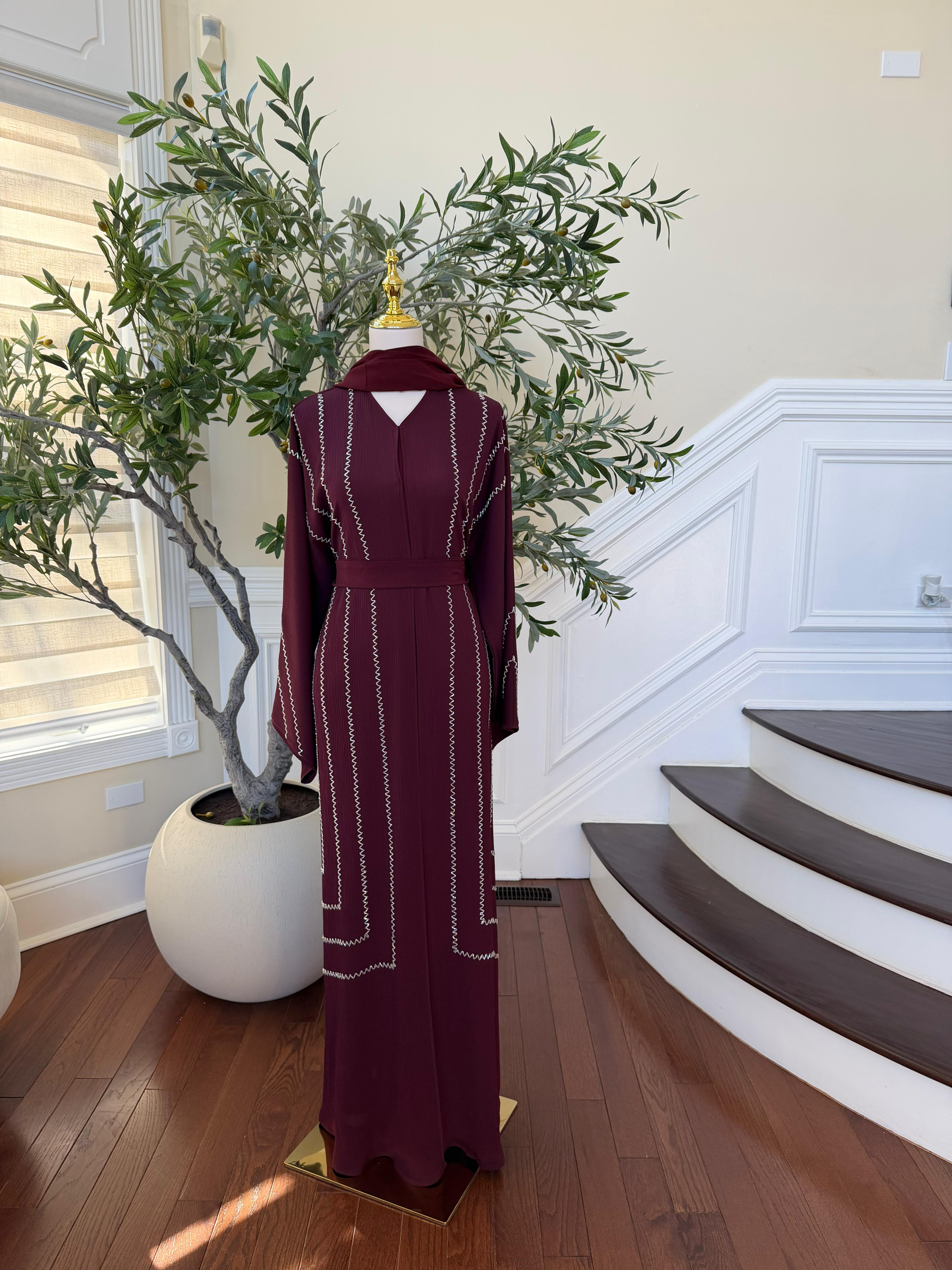 Burgundy Elegance Beaded Abaya
