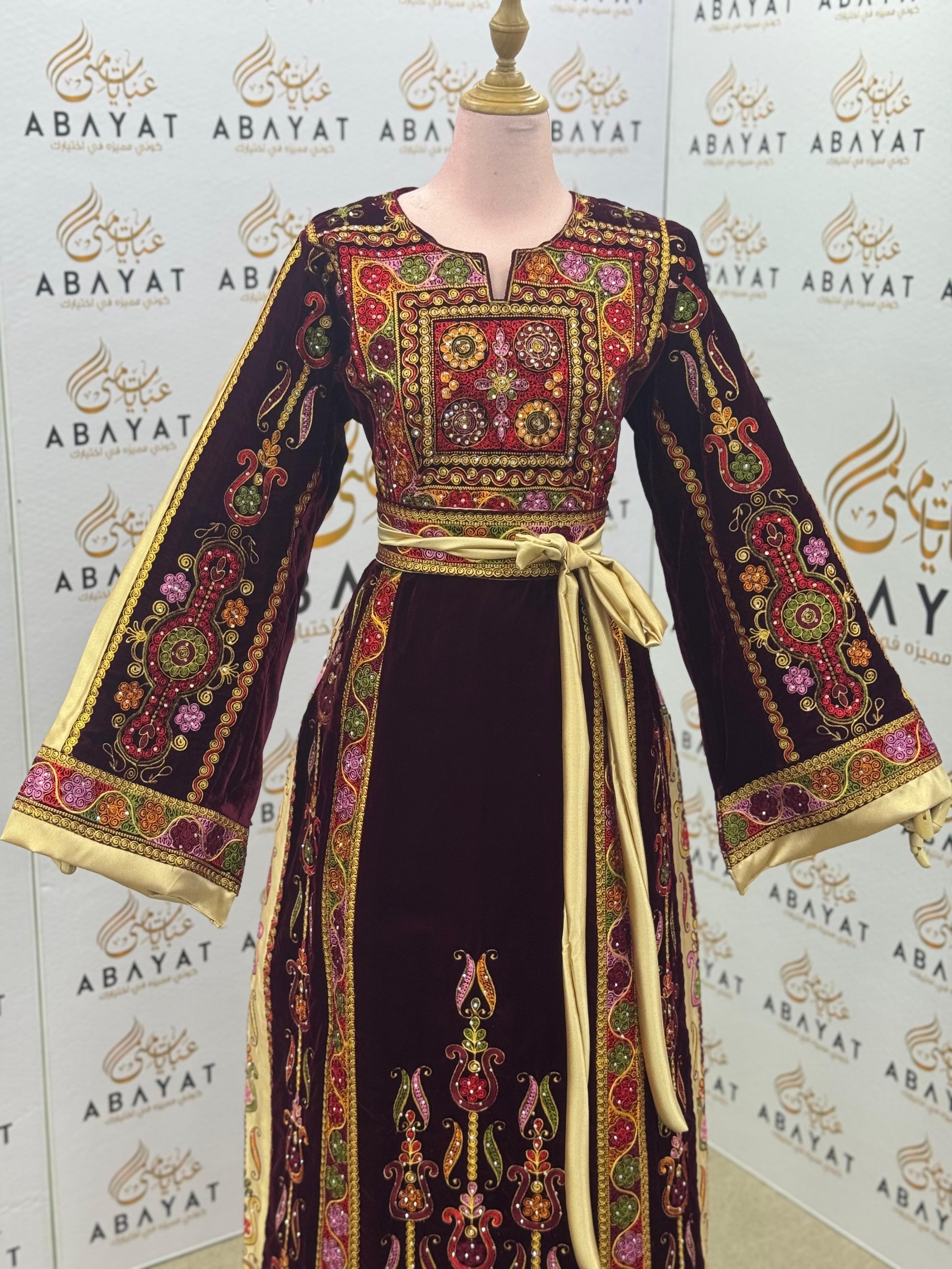 Velvet Burgundy Palestinian Thobe with Multicolor Embroidery and Golden Belt
