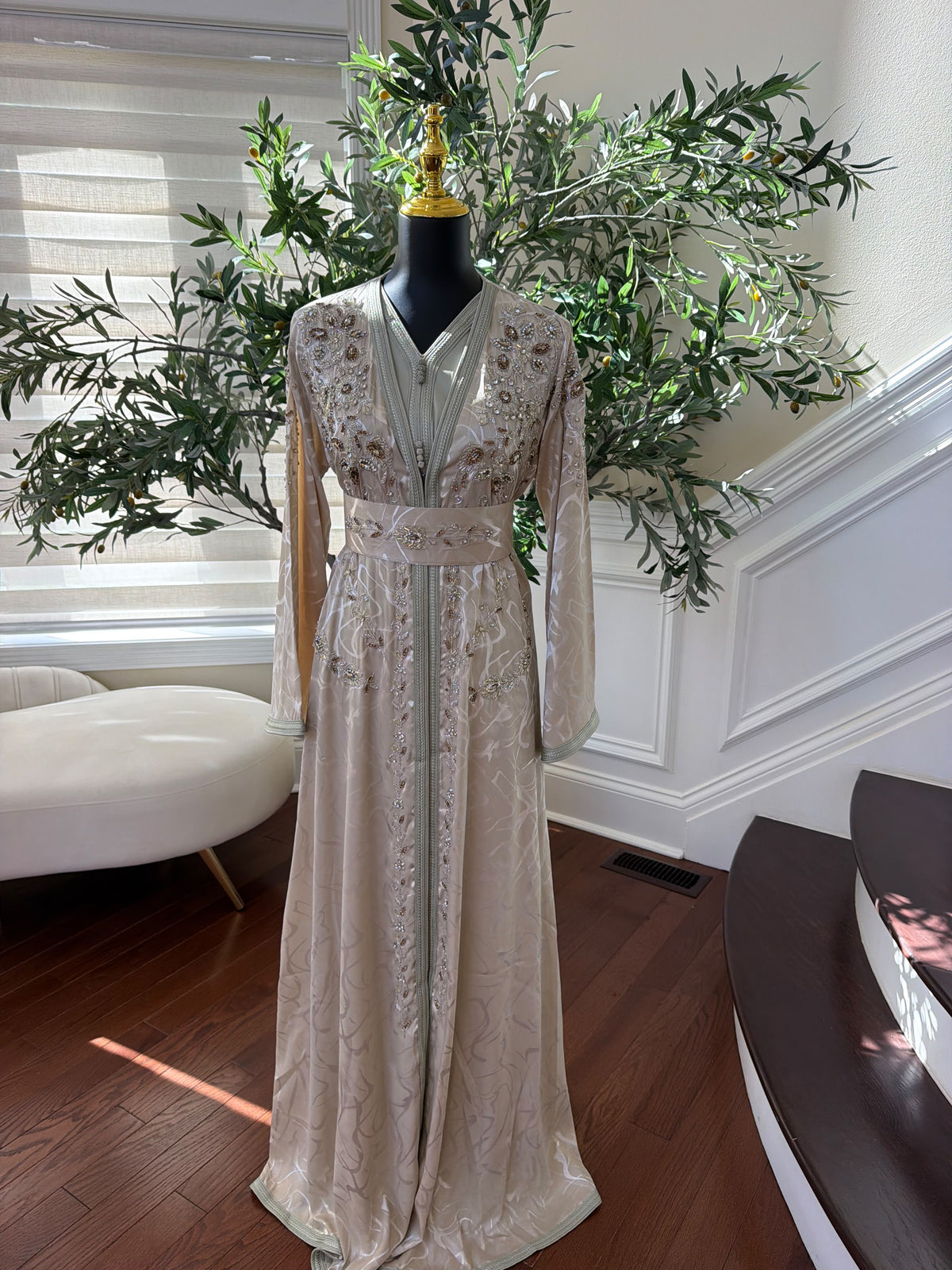 Elegant Champagne Beige Embroidered Moroccan Kaftan