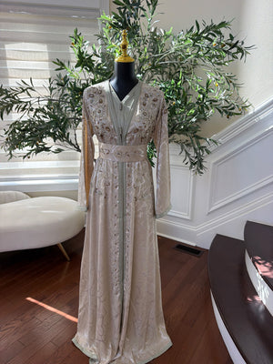 Elegant Champagne Beige Embroidered Moroccan Kaftan