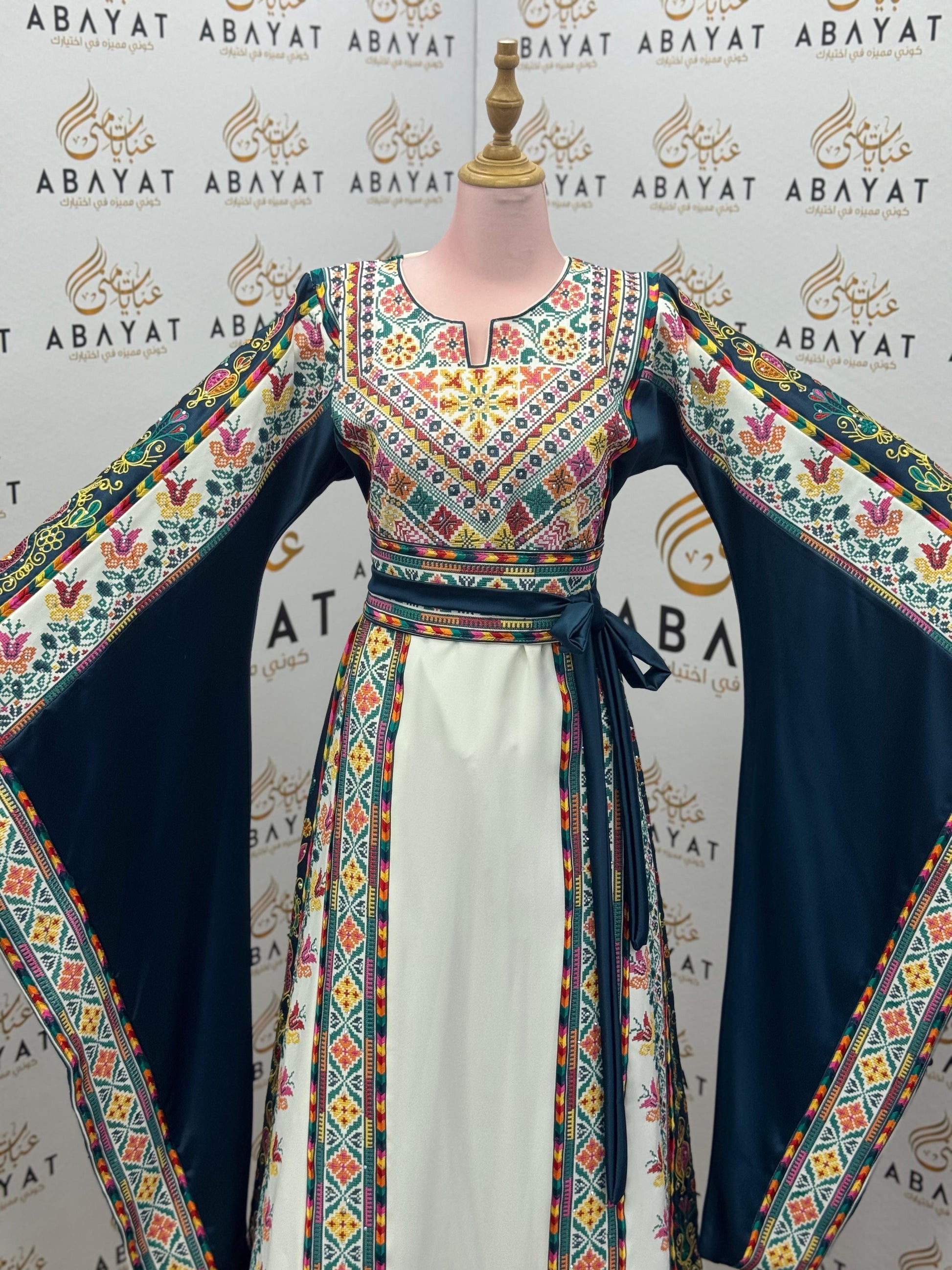 Teal & Ivory Palestinian Embroidered Thobe – Colorful Tatreez Heritage Dress A09042025