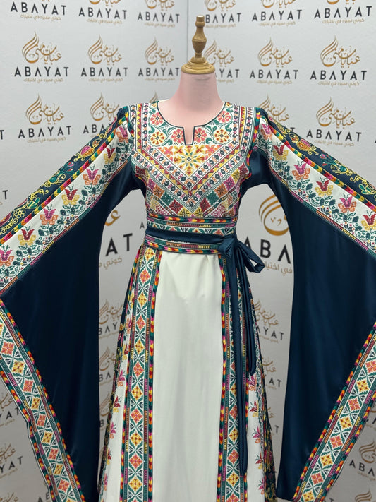 Teal & Ivory Palestinian Embroidered Thobe – Colorful Tatreez Heritage Dress A09042025