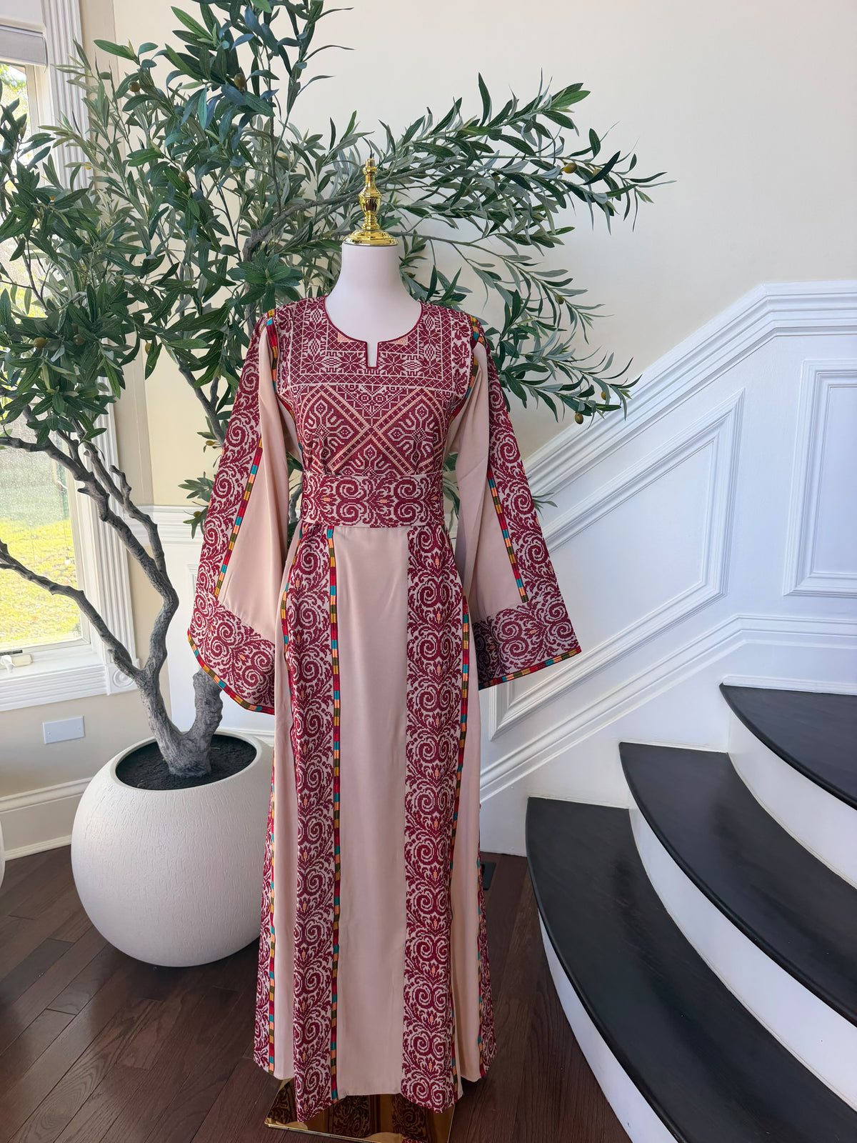 Elegant Blush Pink & Burgundy Embroidered Palestinian Thobe Dress