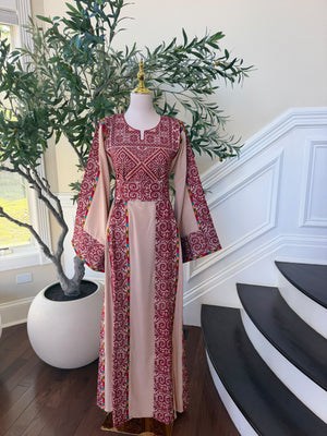 Elegant Blush Pink & Burgundy Embroidered Palestinian Thobe Dress