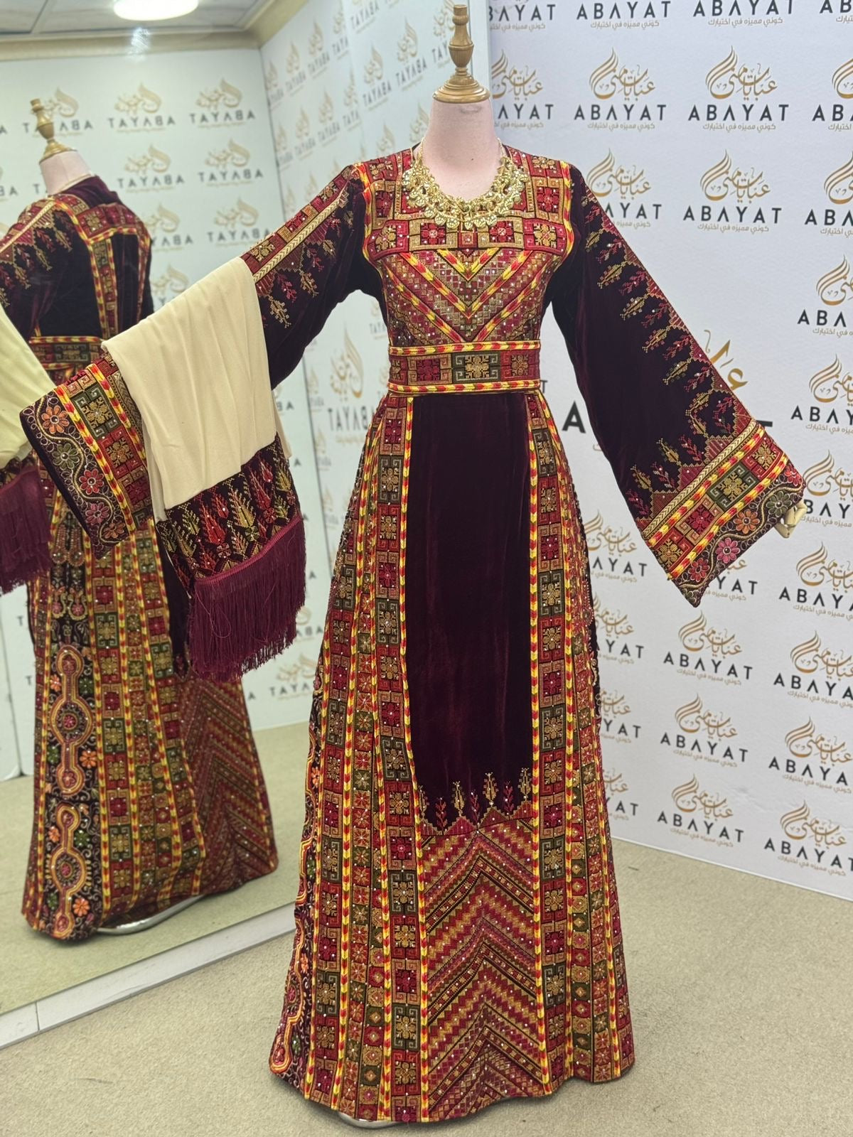 Traditional Palestinian Thobe – Full Embroidery with Matching Shawl