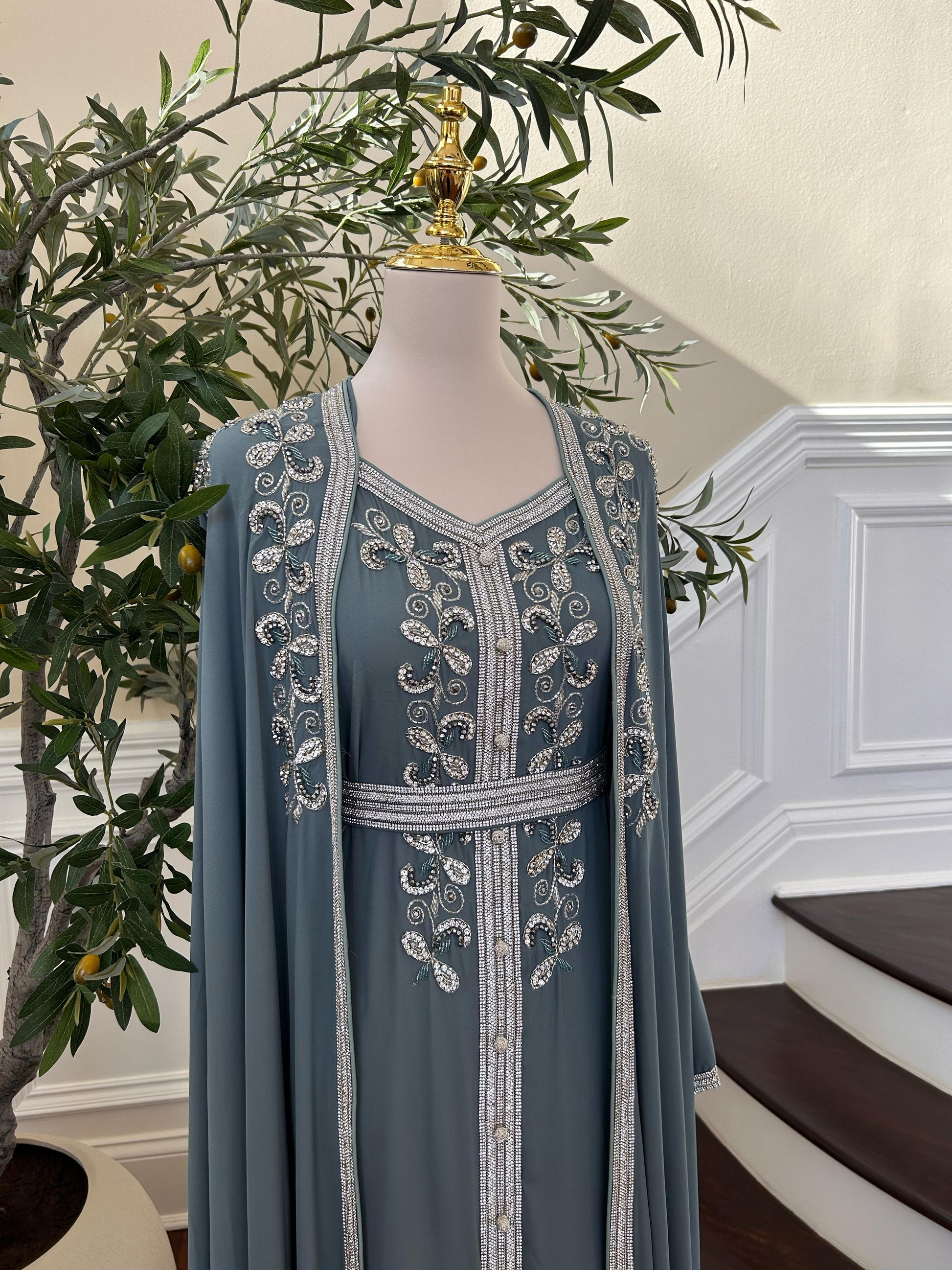 Mint Blue Beaded Stone Kuftan