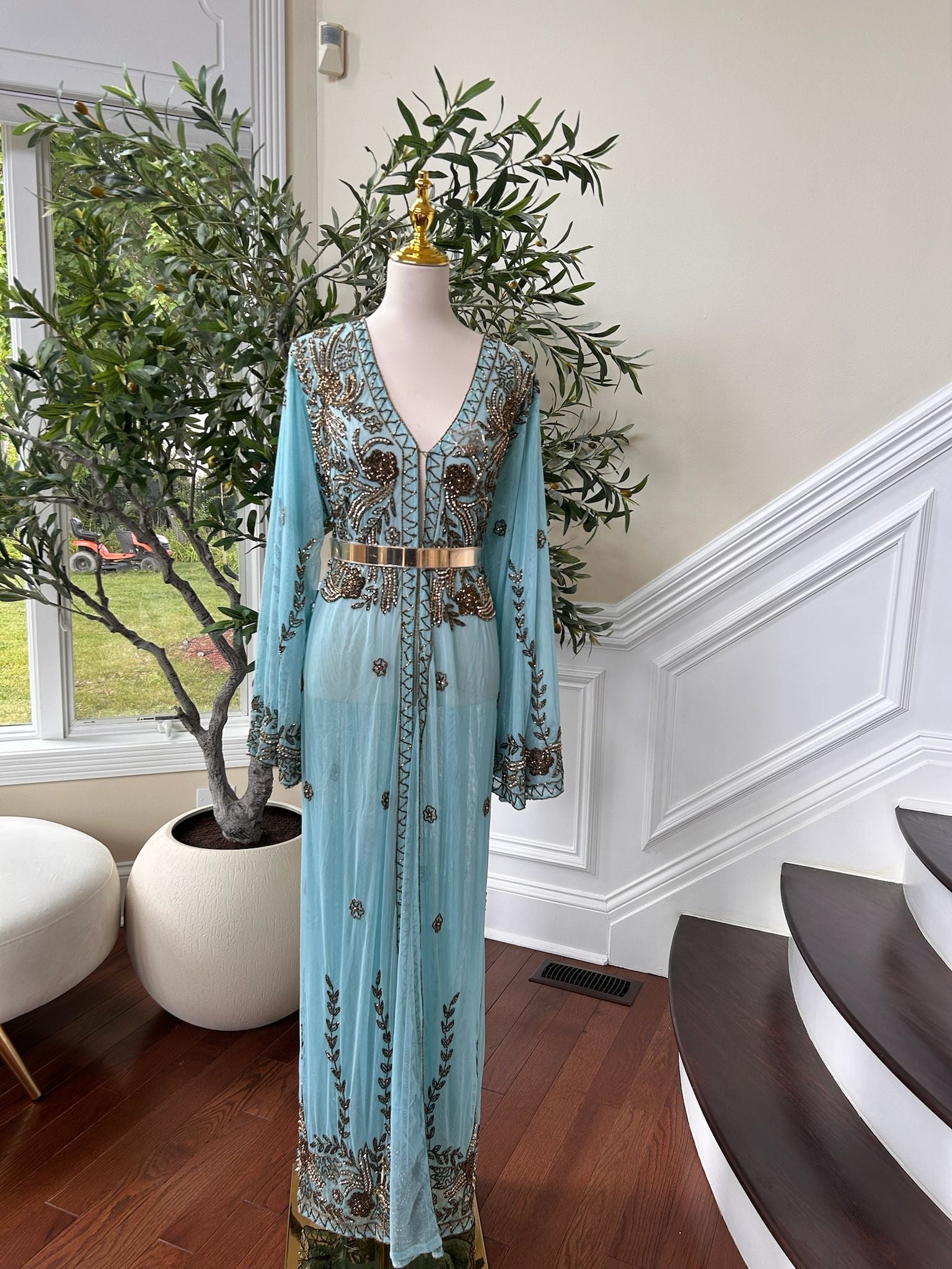 Mint Blue Golden Charm Cardigan Abaya