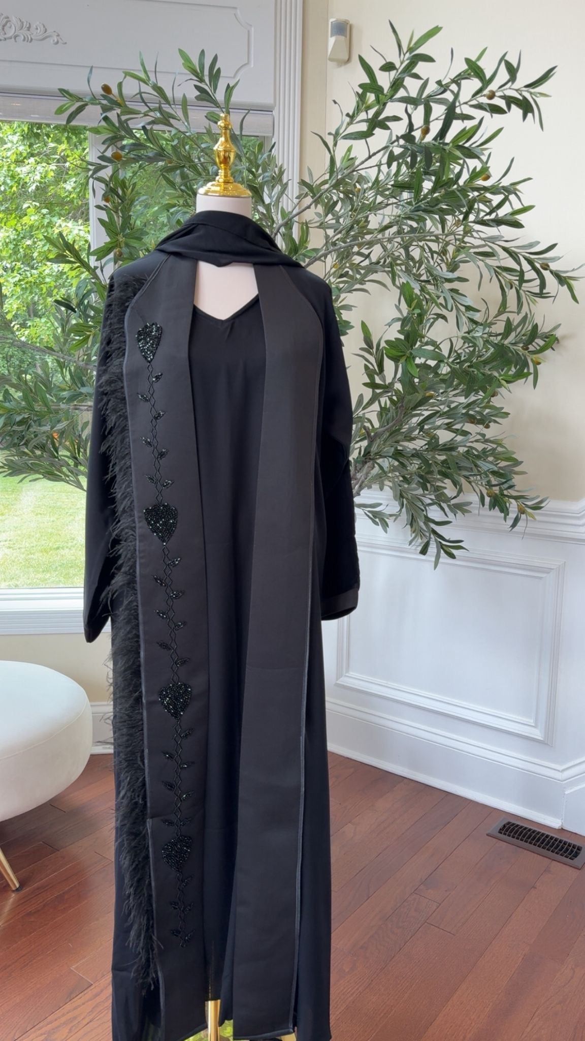 Beaded Black Embellishment with Luxe Feather Detailing