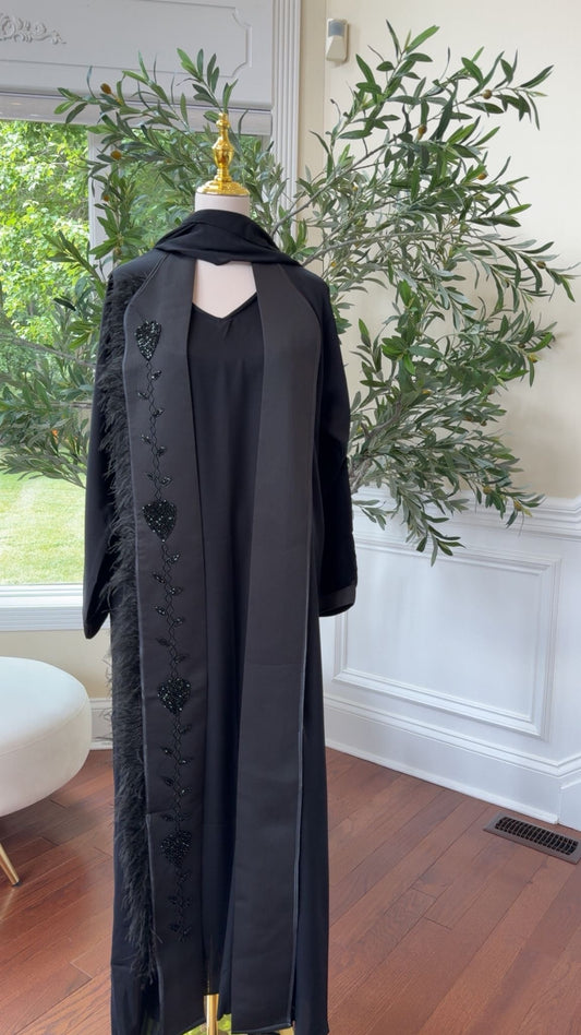 Beaded Black Embellishment with Luxe Feather Detailing
