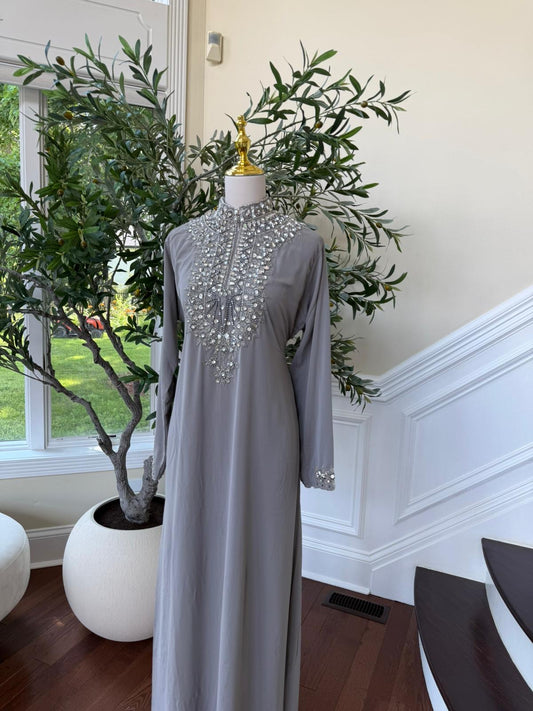 Grey Pearl – Luxe High Neck Kaftan with Intricate Beading