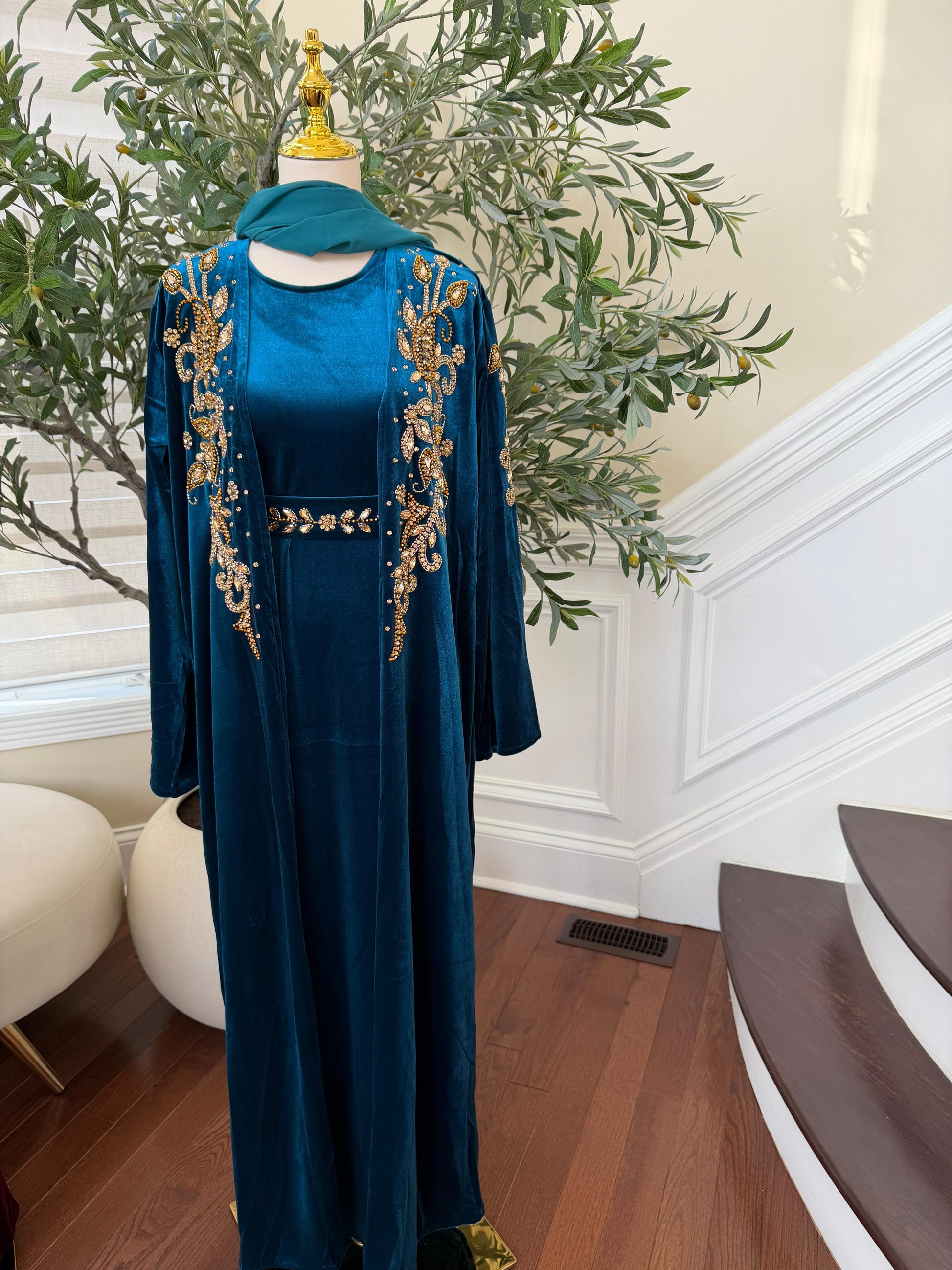 Turquoise Golden Crystal Two Piece Beaded Abaya