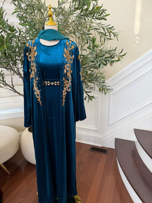 Turquoise Golden Crystal Two Piece Beaded Abaya