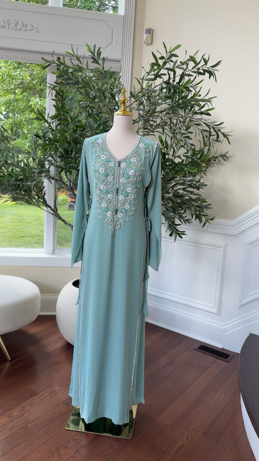 Delicate Light Teal Kaftan with Silver Beading