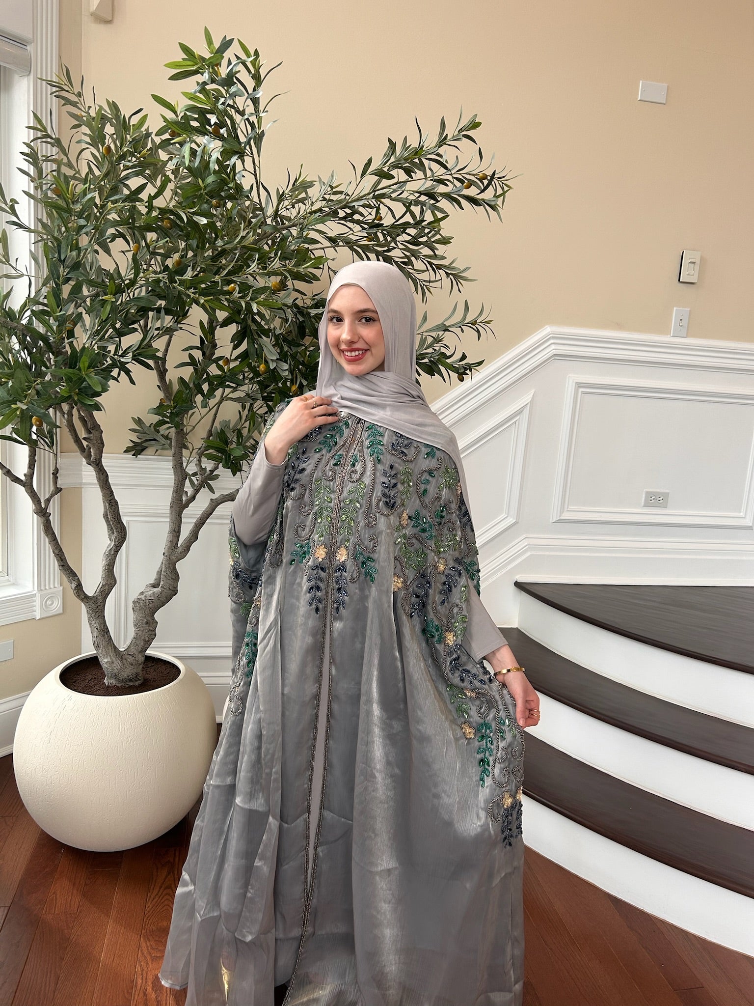 silver abaya dress Korean Silver Jewelled Hand Embellished Abaya dress with hijab L / 56
