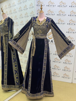 Premier Velvet Palestinian Thobe – Navy with Gold Detailing