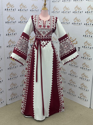 Burgundy & White Palestinian Embroidery Thobe – Traditional Elegance A09072025