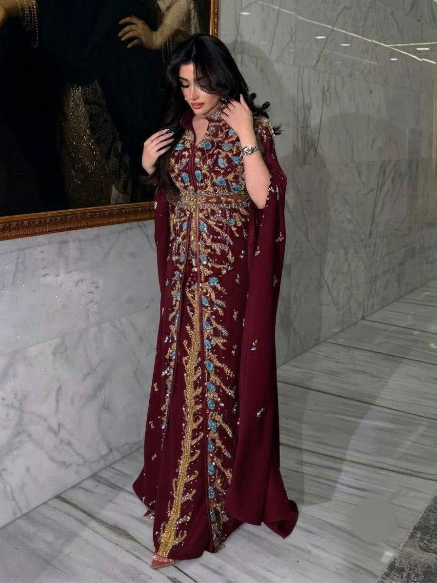 Burgundy Red Beaded Sequin Floral Kuftan