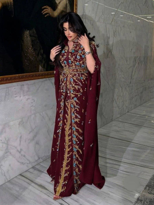 Burgundy Red Beaded Sequin Floral Kuftan
