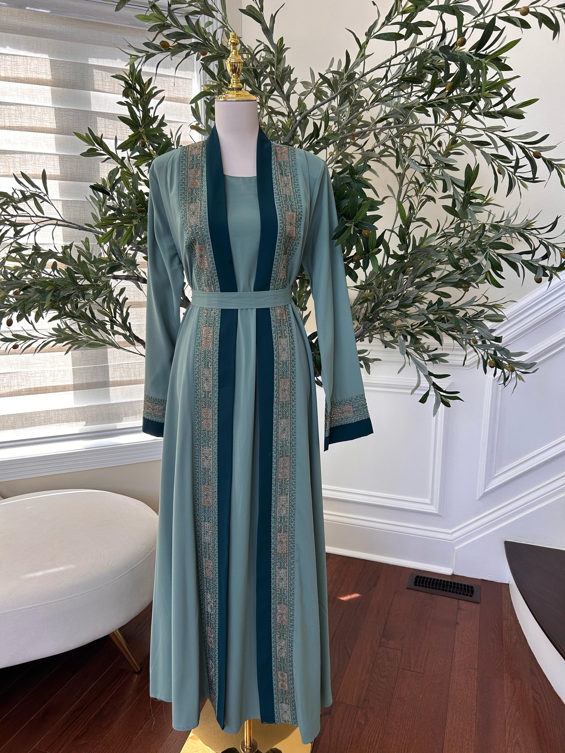 Teal Harmony Two Piece Tatreez Beaded Abaya