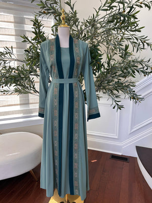 Teal Harmony Two Piece Tatreez Beaded Abaya