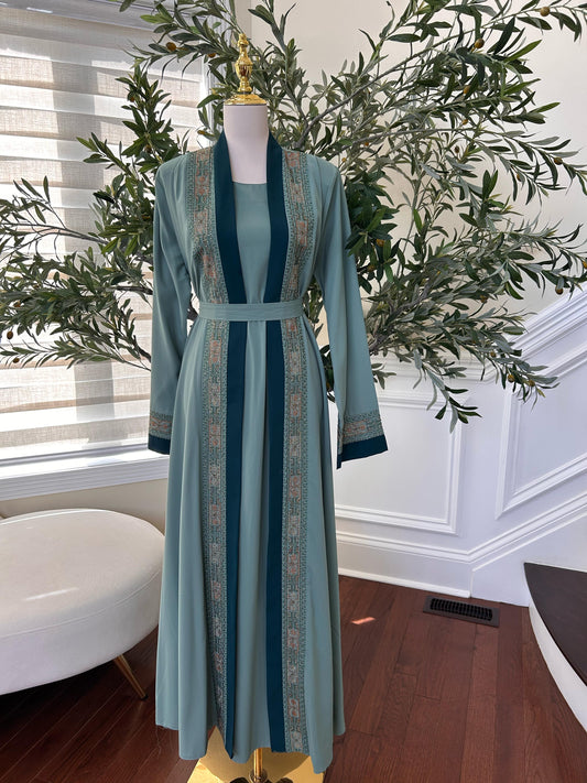 Teal Harmony Two Piece Tatreez Beaded Abaya