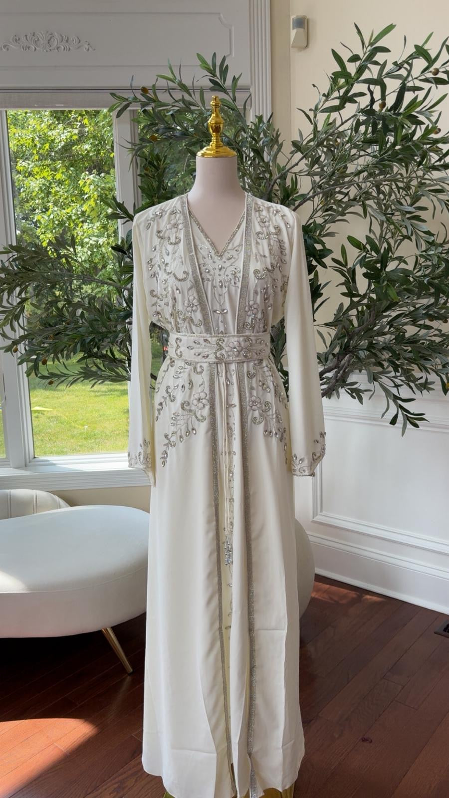 Floral White Beaded Kuftan